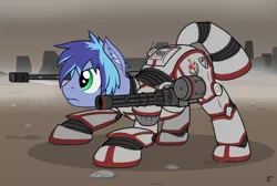 Size: 3000x2015 | Tagged: safe, artist:mrlolcats17, derpibooru import, oc, oc:scout charger, unofficial characters only, earth pony, pony, fallout equestria, anti-tank rifle, applejack's rangers, armor, battle stance, commission, determined, minigun, power armor, powered exoskeleton, solo, steel ranger, weapon