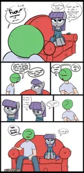 Size: 900x1839 | Tagged: safe, artist:shoutingisfun, derpibooru import, boulder (pet), maud pie, oc, oc:anon, earth pony, human, pony, anon's couch, clothes, comic, couch, cute, dialogue, dress, eyeshadow, female, food, friday night, makeup, male, mare, maudabetes, open mouth, pants, pizza, pun, shirt, sitting, slice of life, speech bubble, vulgar
