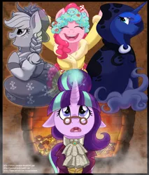 Size: 800x941 | Tagged: a hearth's warming tail, applejack, artist:itstaylor-made, derpibooru import, fireplace, floppy ears, looking up, magic, open mouth, pinkie pie, princess luna, safe, snowfall frost, spirit of hearth's warming past, spirit of hearth's warming presents, spirit of hearth's warming yet to come, starlight glimmer