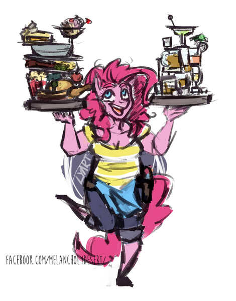 Size: 940x1200 | Tagged: alcohol, anthro, artist:lya, beer, breasts, cleavage, clothes, colored, derpibooru import, digital art, female, food, glass, jeans, kezsüel, pants, pinkie pie, post-apocalyptic, roleplaying, safe, sketch, solo, tray, unguligrade anthro, waitress