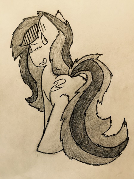 Size: 2448x3264 | Tagged: ^^;, artist:toothpastethy, both cutie marks, butt, cute, cutie mark, derpibooru import, embarrassed, eyes closed, fluffy, looking back, oc, pencil drawing, plot, safe, sketch, smiling, sweat, sweatdrop, traditional art, two toned mane, unofficial characters only