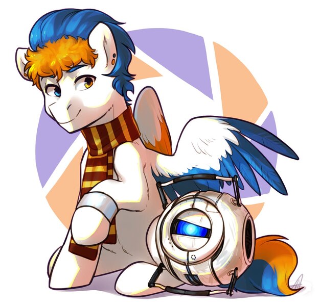 Size: 1127x1080 | Tagged: safe, artist:maccoffee, derpibooru import, oc, ponified, pegasus, pony, clothes, heterochromia, looking at you, personality core, portal (valve), portal 2, raised hoof, scarf, smiling, spread wings, wheatley, wings