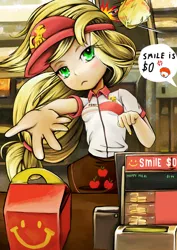 Size: 1593x2253 | Tagged: 2013, applejack, artist:skyshek, burger, clothes, derpibooru import, fast food, food, hamburger, happy meal, human, humanized, mcdonald's, middle finger, safe, solo, unamused, uniform, upset, vulgar, working