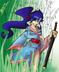 Size: 1512x1840 | Tagged: artist:nayaasebeleguii, bamboo, clothes, derpibooru import, human, humanized, katana, kimono (clothing), mouth hold, ponytail, princess luna, safe, samurai, scar, solo, sword, warrior luna, weapon