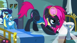 Size: 1024x576 | Tagged: safe, artist:noah-x3, derpibooru import, soarin', oc, oc:neon flare, pony, wonderbolts academy, academy, barracks, bed, clothes, cloudsdale, couple, goggles, trophy, uniform, wonderbolt trainee uniform, wonderbolts uniform