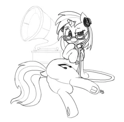 Size: 1280x1257 | Tagged: 30 minute art challenge, a hearth's warming tail, artist:pabbley, bedroom eyes, butt, derpibooru import, dock, female, glasses, gramophone, grin, headphones, monochrome, plot, sketch, smiling, solo, solo female, suggestive, underhoof, victrola scratch, vinyl scratch