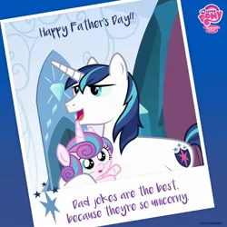 Size: 1200x1200 | Tagged: dad joke, derpibooru import, father and child, father and daughter, father's day, female, male, my little pony logo, official, princess flurry heart, pun, safe, shining armor