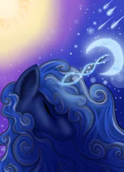 Size: 1713x2384 | Tagged: artist:ellen124, derpibooru import, eyes closed, magic, moon, princess luna, safe, shooting star, solo, sun, twilight (astronomy)