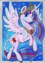 Size: 1752x2471 | Tagged: safe, artist:the-hare, derpibooru import, twilight sparkle, twilight sparkle (alicorn), alicorn, classical unicorn, pony, unicorn, cloven hooves, flying, leonine tail, solo, traditional art, unshorn fetlocks