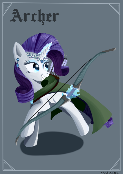 Size: 848x1200 | Tagged: archer, arrow, artist:ailynd, blackletter, bow and arrow, bow (weapon), cape, clothes, derpibooru import, ear piercing, earring, grin, jewelry, looking over shoulder, magic, piercing, quiver, rarity, safe, shadow, smiling, solo, telekinesis, weapon