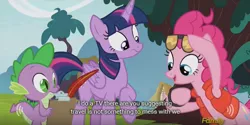 Size: 640x319 | Tagged: safe, artist:mlp-captions, derpibooru import, edit, edited screencap, screencap, pinkie pie, spike, twilight sparkle, twilight sparkle (alicorn), alicorn, pony, what about discord?, back to the future, caption, discovery family logo, meme, youtube caption