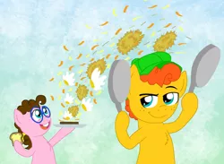 Size: 1280x936 | Tagged: artist:crazynutbob, bread, breakfast sandwich, cheese, derpibooru import, egg (food), father's day, food, hashbrowns, next generation, oc, oc:fudge fondue, oc:pizza pockets, offspring, parent:cheese sandwich, parent:pinkie pie, parents:cheesepie, safe, toast, unofficial characters only