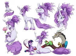 Size: 1700x1250 | Tagged: safe, artist:heilos, derpibooru import, discord, tree of harmony, twilight sparkle, twilight sparkle (alicorn), oc, oc:harmony (heilos), ponified, alicorn, classical unicorn, draconequus, pony, unicorn, cloven hooves, female, flower, flower in hair, flower in tail, leonine tail, male, mare, simple background, unshorn fetlocks, white background