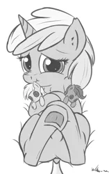 Size: 1803x2877 | Tagged: safe, artist:neko-me, derpibooru import, derpy hooves, dinky hooves, scootaloo, pegasus, pony, :t, cute, dinkabetes, dock, female, fluffy, frog (hoof), grayscale, looking at you, mare, monochrome, nose wrinkle, on back, plushie, scrunchy face, smiling, underhoof