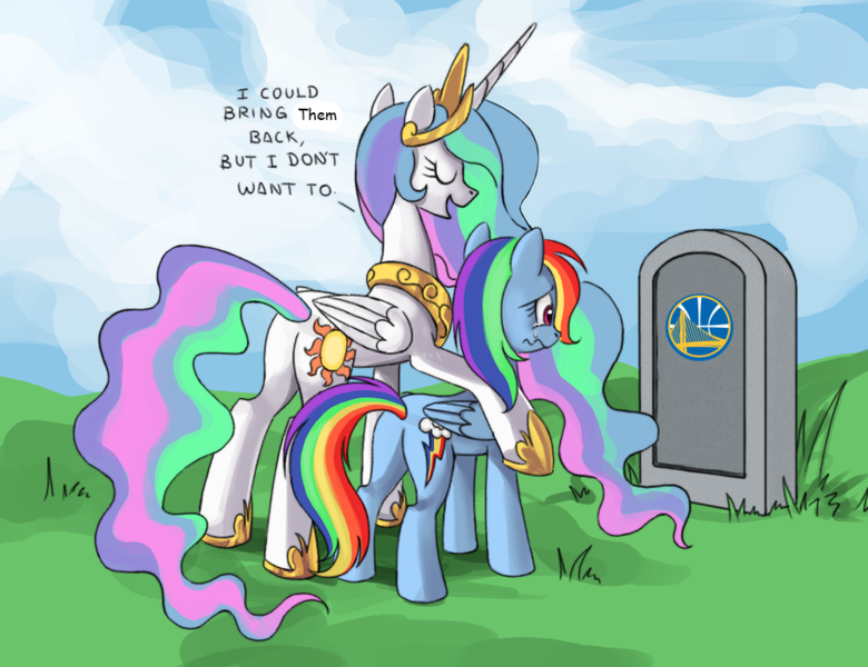 Size: 910x700 | Tagged: safe, artist:ponykillerx, derpibooru import, edit, princess celestia, rainbow dash, alicorn, pegasus, pony, basketball, butt, celestia's grave meme, crying, exploitable meme, female, golden state warriors, grave, gravestone, implied death, mare, meme, nba, plot, sports