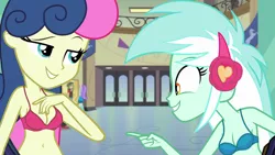 Size: 1280x720 | Tagged: suggestive, derpibooru import, edit, edited screencap, editor:ah96, screencap, bon bon, lyra heartstrings, sweetie drops, all's fair in love and friendship games, equestria girls, friendship games, belly button, bra, breast edit, breasts, busty bon bon, busty lyra heartstrings, cleavage, clothes, eyes on the prize, female, pointing, underwear, underwear edit