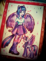 Size: 1200x1600 | Tagged: safe, artist:enjal, derpibooru import, twilight sparkle, twilight sparkle (alicorn), alicorn, pony, equestria girls, human ponidox, ponied up, self ponidox, traditional art