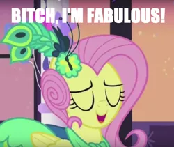 Size: 916x774 | Tagged: bitch i'm fabulous, caption, clothes, derpibooru import, dress, edit, edited screencap, fluttershy, gala dress, image macro, make new friends but keep discord, meme, safe, screencap, text, vulgar