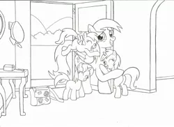 Size: 2338x1700 | Tagged: artist:jmkplover, chirpy hooves, derpibooru import, derpy hooves, dinky hooves, dipsy hooves, equestria's best mother, hat, hug, mailbag, monochrome, rule 63, safe