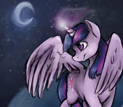 Size: 1024x887 | Tagged: safe, artist:ressq, derpibooru import, twilight sparkle, twilight sparkle (alicorn), alicorn, pony, moon, night, smiling, solo, watermark