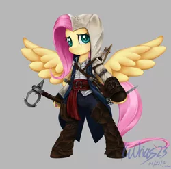 Size: 2550x2520 | Tagged: safe, artist:kvorias23, derpibooru import, fluttershy, pony, assassin's creed, axe, belt, bipedal, bow (weapon), clothes, connor kenway, crossover, gun, hood, knife, looking at you, signature, simple background, solo, spread wings, weapon, wings