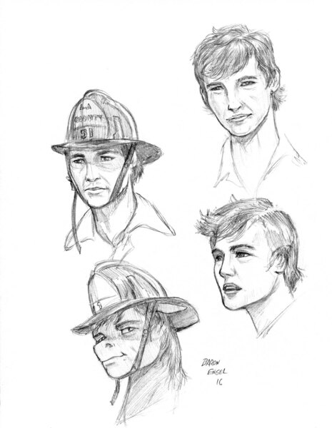 Size: 1200x1548 | Tagged: safe, artist:baron engel, derpibooru import, ponified, human, pony, chin, emergency!, firefighter, firefighter helmet, helmet, johnny gage, monochrome, pencil drawing, randolph mantooth, sketch, solo, traditional art, wat