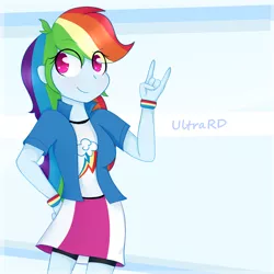 Size: 1000x1000 | Tagged: safe, artist:ultrard, derpibooru import, rainbow dash, equestria girls, clothes, colored pupils, compression shorts, cute, devil horn (gesture), rock on, shorts, skirt, solo, wristband