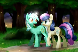 Size: 1024x683 | Tagged: safe, artist:scarlet-spectrum, derpibooru import, bon bon, lyra heartstrings, sweetie drops, earth pony, firefly (insect), insect, pony, unicorn, colored pupils, duo, duo female, female, glowing horn, grass, happy, horn, looking at each other, magic, mare, open mouth, path, raised hoof, smiling, speedpaint, stroll, tree, twilight (astronomy), walking