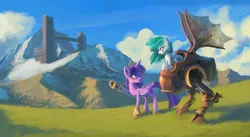 Size: 4579x2506 | Tagged: safe, artist:raikoh, derpibooru import, twilight sparkle, twilight sparkle (alicorn), oc, oc:kinesis, alicorn, pony, fortress, mecha, mountain, scenery, scenery porn