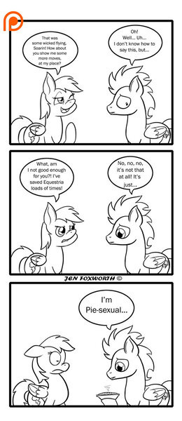 Size: 588x1357 | Tagged: safe, artist:foxbeast, derpibooru import, rainbow dash, soarin', pony, comic:pie love, comic, dialogue, female, food, male, monochrome, patreon, patreon logo, pie, pun, shipping, shipping denied, simple background, soarindash, straight, that pony sure does love pies, white background