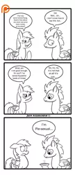 Size: 588x1357 | Tagged: safe, artist:foxbeast, derpibooru import, rainbow dash, soarin', pony, comic:pie love, comic, dialogue, female, food, male, monochrome, patreon, patreon logo, pie, pun, shipping, shipping denied, simple background, soarindash, straight, that pony sure does love pies, white background