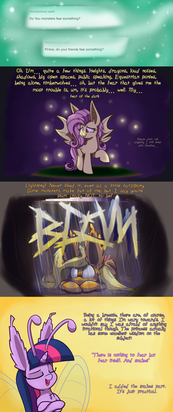 Size: 1280x3051 | Tagged: safe, artist:heir-of-rick, derpibooru import, applejack, fluttershy, twilight sparkle, bat pony, breezie, monster pony, original species, tatzlpony, miss pie's monsters, ask, bat ponified, breeziefied, comic, flutterbat, impossibly large ears, race swap, scared, species swap, tatzljack, thunder, tumblr, twilight breezie