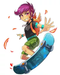 Size: 600x751 | Tagged: safe, artist:tzc, derpibooru import, scootaloo, equestria girls, backpack, bandage, cutie mark, grin, simple background, skateboard, smiling, solo, the cmc's cutie marks, white background