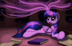 Size: 1700x1100 | Tagged: safe, artist:geoberos, artist:grennadder, derpibooru import, twilight sparkle, twilight sparkle (alicorn), alicorn, pony, book, magic, night, on back, reading, solo