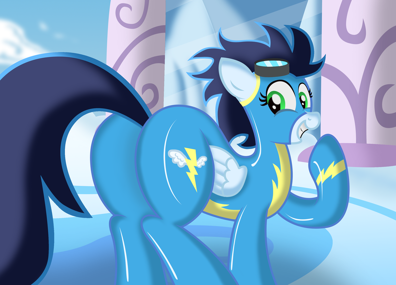 Size: 1386x1000 | Tagged: suggestive, artist:ziemniax, derpibooru import, soarin', pony, butt, clothes, female, glide, nothing at all, plot, rule 63, show accurate, solo, solo female, uniform, wonderbolts uniform