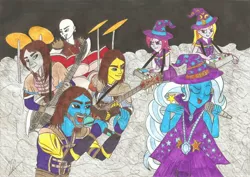 Size: 3490x2474 | Tagged: safe, artist:metaldudepl666, derpibooru import, fuchsia blush, lavender lace, trixie, equestria girls, rainbow rocks, andré olbrich, armor, axe guitar, battle of the bands, blind guardian, dragon guitar, drums, equestria girls-ified, fantasy class, female, frederik ehmke, hansi kursch, heavy metal, knight, mage, magic, marcus siepen, metal, musical instrument, power metal, robes, rock, trixie and the illusions, warrior, warriors
