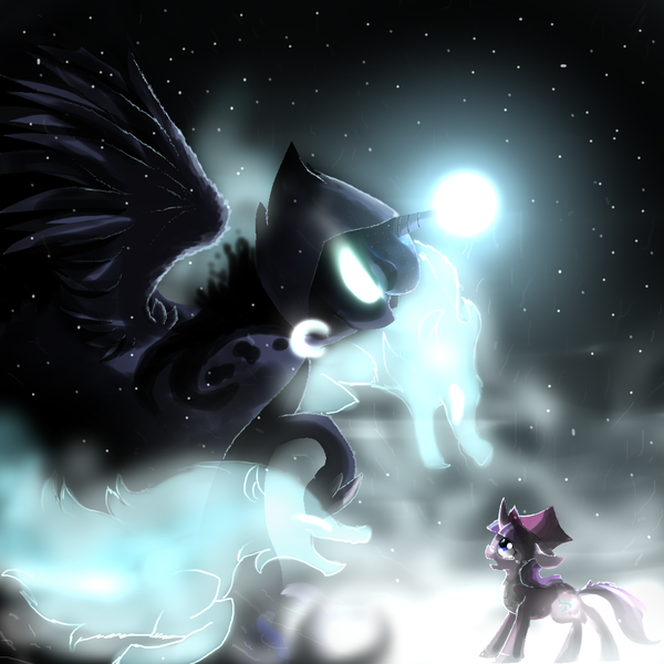 Size: 1024x1024 | Tagged: a hearth's warming tail, artist:96paperkuts, derpibooru import, epic, floppy ears, frown, glowing eyes, glowing horn, horn, magic, open mouth, princess luna, raised hoof, sad, safe, snow, snowfall frost, spirit of hearth's warming yet to come, spread wings, starlight glimmer, windigo, wings