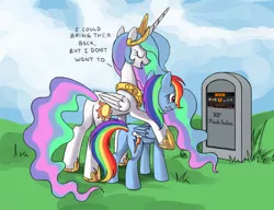 Size: 910x700 | Tagged: safe, artist:ponykillerx, derpibooru import, edit, princess celestia, rainbow dash, alicorn, pegasus, pony, bitchlestia, butt, celestia's grave meme, exploitable meme, female, implied death, mare, meme, pc master race, plot, steam (software)