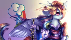 Size: 1920x1080 | Tagged: safe, artist:rinioshi, derpibooru import, rainbow dash, pony, semi-anthro, bipedal, clothes, ear fluff, floppy ears, hair accessory, kimono (clothing), solo, spread wings, sword, weapon, windswept mane, wings