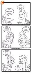 Size: 1300x2953 | Tagged: safe, artist:foxbeast, derpibooru import, applejack, rainbow dash, soarin', pony, comic:pie love, comic, dialogue, eating, female, food, lineart, male, messy eating, monochrome, nom, patreon, patreon logo, pie, shipping, simple background, soarinjack, spread wings, straight, that pony sure does love pies, white background, wings