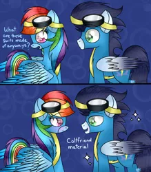 Size: 1024x1170 | Tagged: safe, artist:northlights8, derpibooru import, rainbow dash, soarin', pony, clothes, colored wings, colored wingtips, comic, female, goggles, male, pickup lines, shipping, soarindash, straight, uniform, wings, wonderbolts uniform