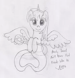 Size: 1121x1172 | Tagged: safe, artist:parclytaxel, derpibooru import, oc, oc:parcly taxel, unofficial characters only, alicorn, genie, genie pony, pony, ain't never had friends like us, albumin flask, alicorn oc, horn, horn ring, lineart, looking at you, monochrome, pencil drawing, ring, smiling, solo, spread wings, traditional art, wings