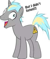 Size: 1600x1872 | Tagged: safe, artist:bravefleet, derpibooru import, oc, unofficial characters only, pony, caption, crazy face, exploitable meme, faic, i didn't listen, image macro, male, meme, simple background, solo, stallion, text, transparent background, vector