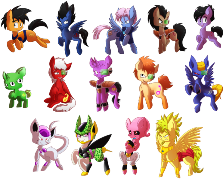 Size: 993x804 | Tagged: safe, artist:blazemizu, derpibooru import, ponified, earth pony, pegasus, pony, unicorn, broly, burter, buu, captain ginyu, cell (dbz), dragon ball z, frieza, future trunks, ginyu force, ginyu tokusentai!!, gohan, goku, guldo, jeice, kid buu, perfect cell, raditz, recoome, scouter, simple background, super saiyan, transparent background, vegeta