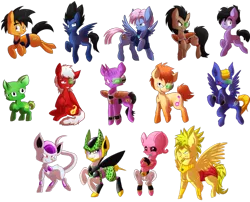 Size: 993x804 | Tagged: safe, artist:blazemizu, derpibooru import, ponified, earth pony, pegasus, pony, unicorn, broly, burter, buu, captain ginyu, cell (dbz), dragon ball z, frieza, future trunks, ginyu force, ginyu tokusentai!!, gohan, goku, guldo, jeice, kid buu, perfect cell, raditz, recoome, scouter, simple background, super saiyan, transparent background, vegeta