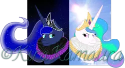 Size: 1841x992 | Tagged: artist:kirakamaura, clothes, collar, derpibooru import, elizabethan, princess celestia, princess luna, ruff (clothing), safe