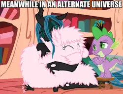 Size: 650x500 | Tagged: safe, artist:mixermike622, derpibooru import, edit, queen chrysalis, spike, oc, oc:fluffle puff, tumblr:ask fluffle puff, princess spike (episode), alternate universe, canon x oc, caption, chrysipuff, crown, crying, eyes closed, female, hug, image macro, jewelry, lesbian, meanwhile, meme, queen, regalia, scared, shipping, smiling, stool, text