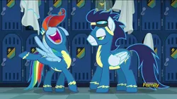 Size: 640x360 | Tagged: source needed, useless source url, safe, derpibooru import, screencap, rainbow dash, soarin', pegasus, pony, newbie dash, active stretch, clothes, discovery family logo, duo, flexible, girly, nose in the air, rainbow fash, uniform, volumetric mouth, wonderbolts uniform