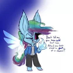 Size: 1000x1000 | Tagged: artist:heir-of-rick, aurora dash, crossover, derpibooru import, dialogue, impossibly large ears, miss pie's monsters, one eye closed, pun, rainbow dash, safe, sans (undertale), semi-anthro, sketch, solo, species swap, undertale, windigo, wink