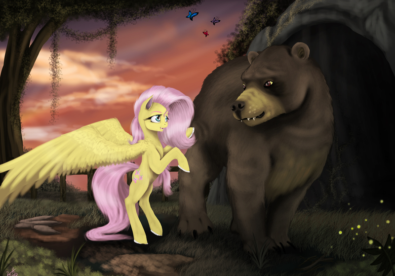 Size: 4876x3408 | Tagged: safe, artist:vinicius040598, derpibooru import, fluttershy, harry, bear, butterfly, firefly (insect), insect, pony, bipedal, bipedal leaning, cave, leaning, solo, spread wings, twilight (astronomy), wings